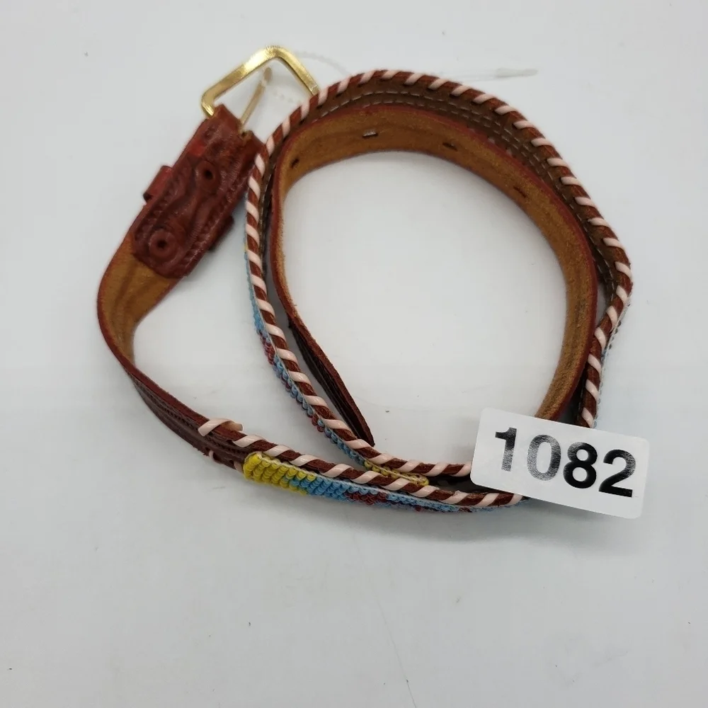 Vintage Handmade women US 26 brown belt multi bead tooled leather Native America